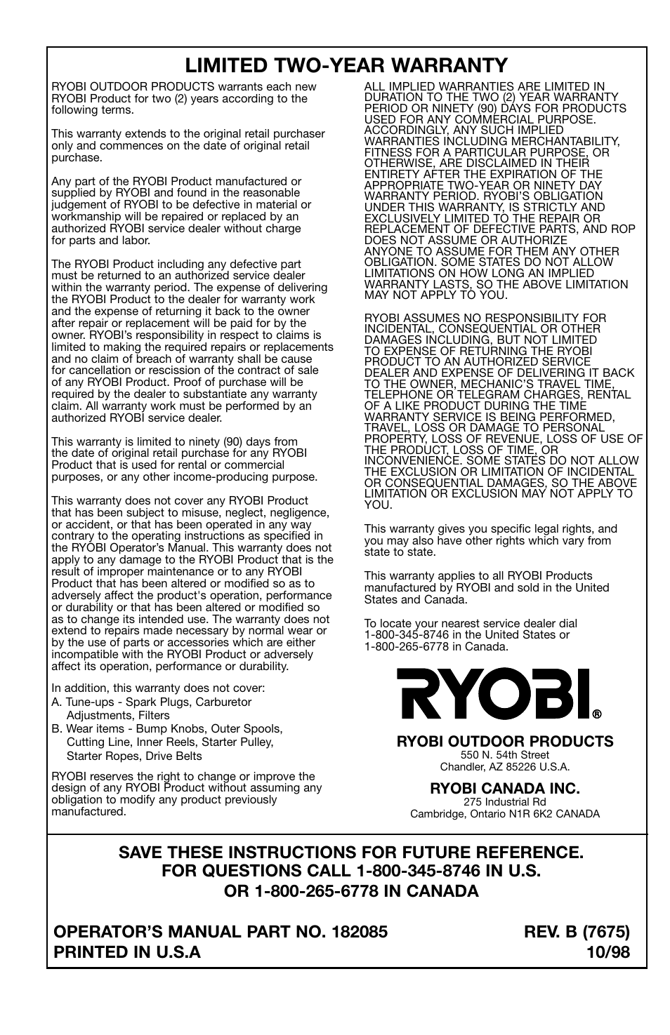Limited two-year warranty | Ryobi 767r User Manual | Page 28 / 28
