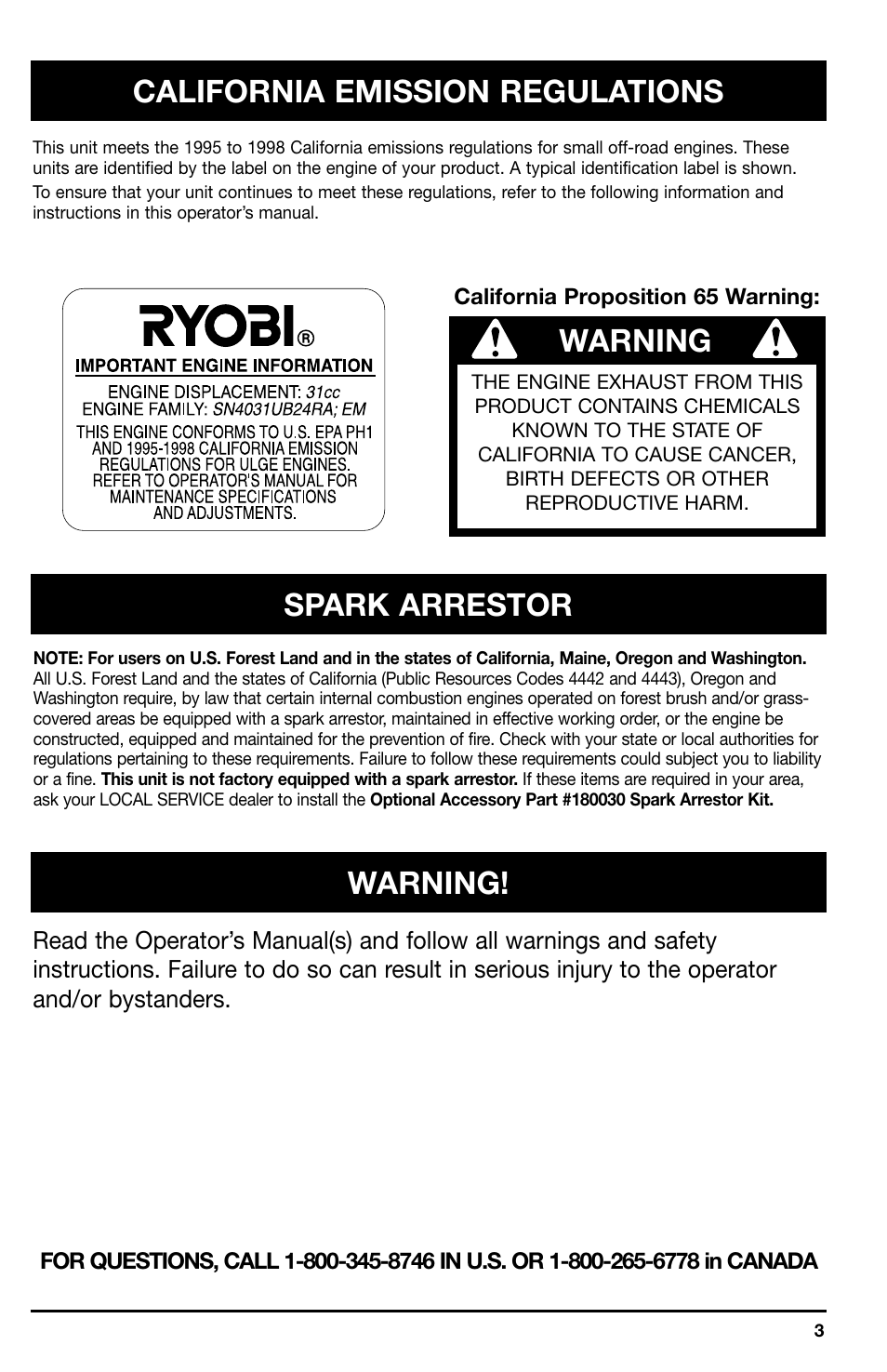 Warning | Ryobi 767r User Manual | Page 3 / 28