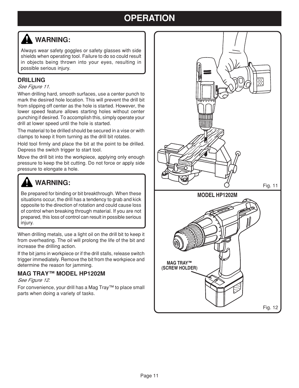 Operation, Warning | Ryobi HP1202M User Manual | Page 11 / 14