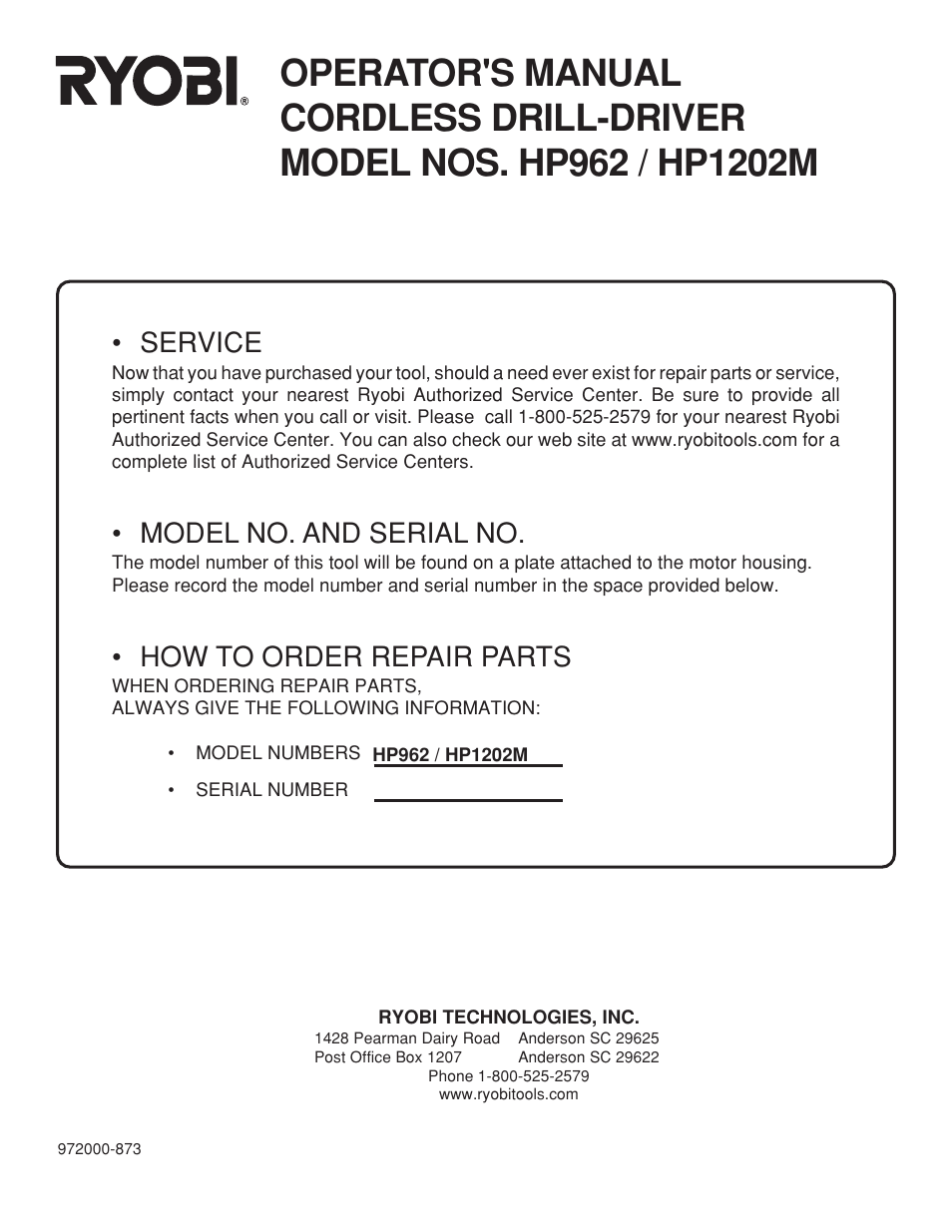 Service, Model no. and serial no, How to order repair parts | Ryobi HP1202M User Manual | Page 14 / 14