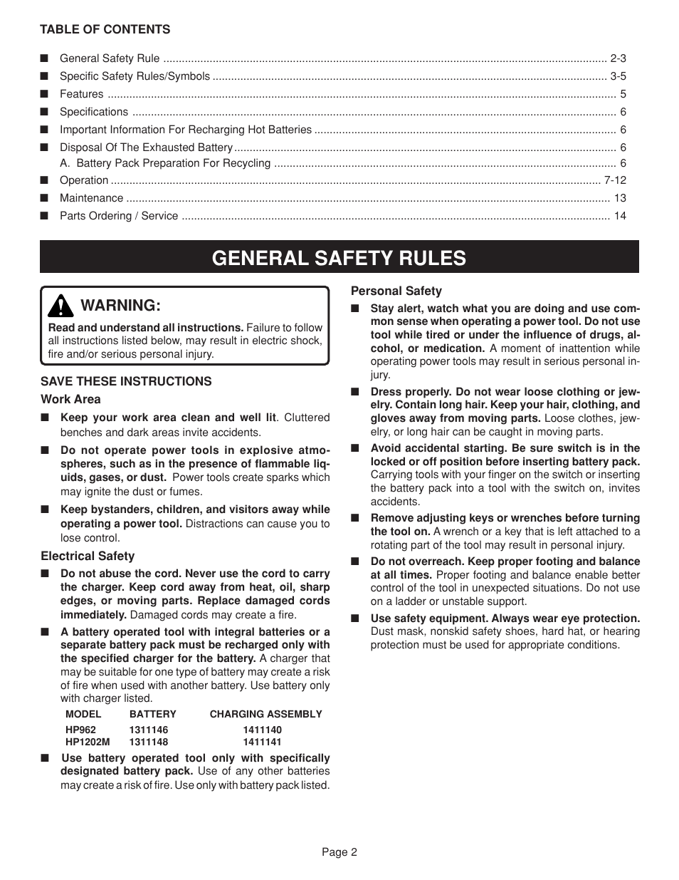 General safety rules, Warning | Ryobi HP1202M User Manual | Page 2 / 14