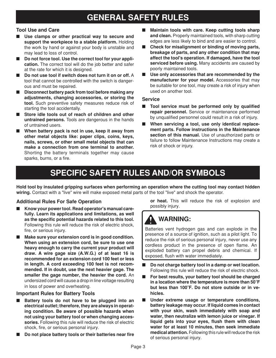 Specific safety rules and/or symbols, General safety rules, Warning | Ryobi HP1202M User Manual | Page 3 / 14