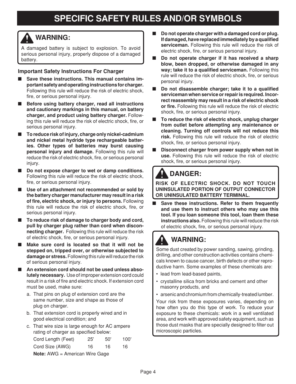 Specific safety rules and/or symbols, Warning, Danger | Ryobi HP1202M User Manual | Page 4 / 14