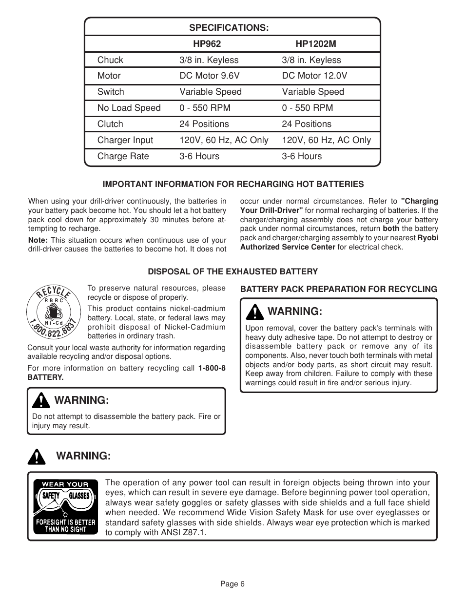 Warning | Ryobi HP1202M User Manual | Page 6 / 14