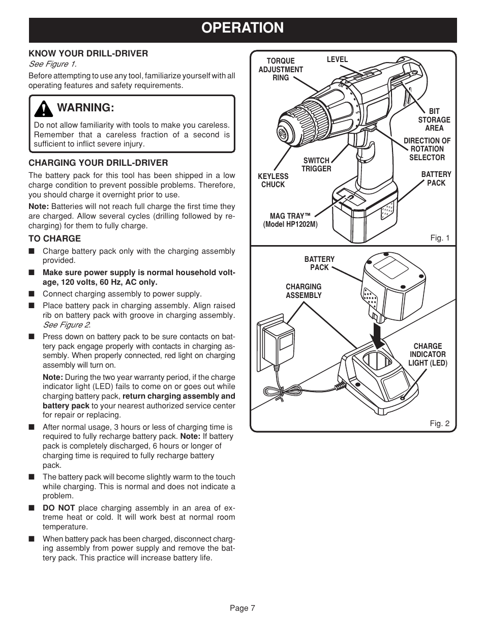 Operation, Warning | Ryobi HP1202M User Manual | Page 7 / 14