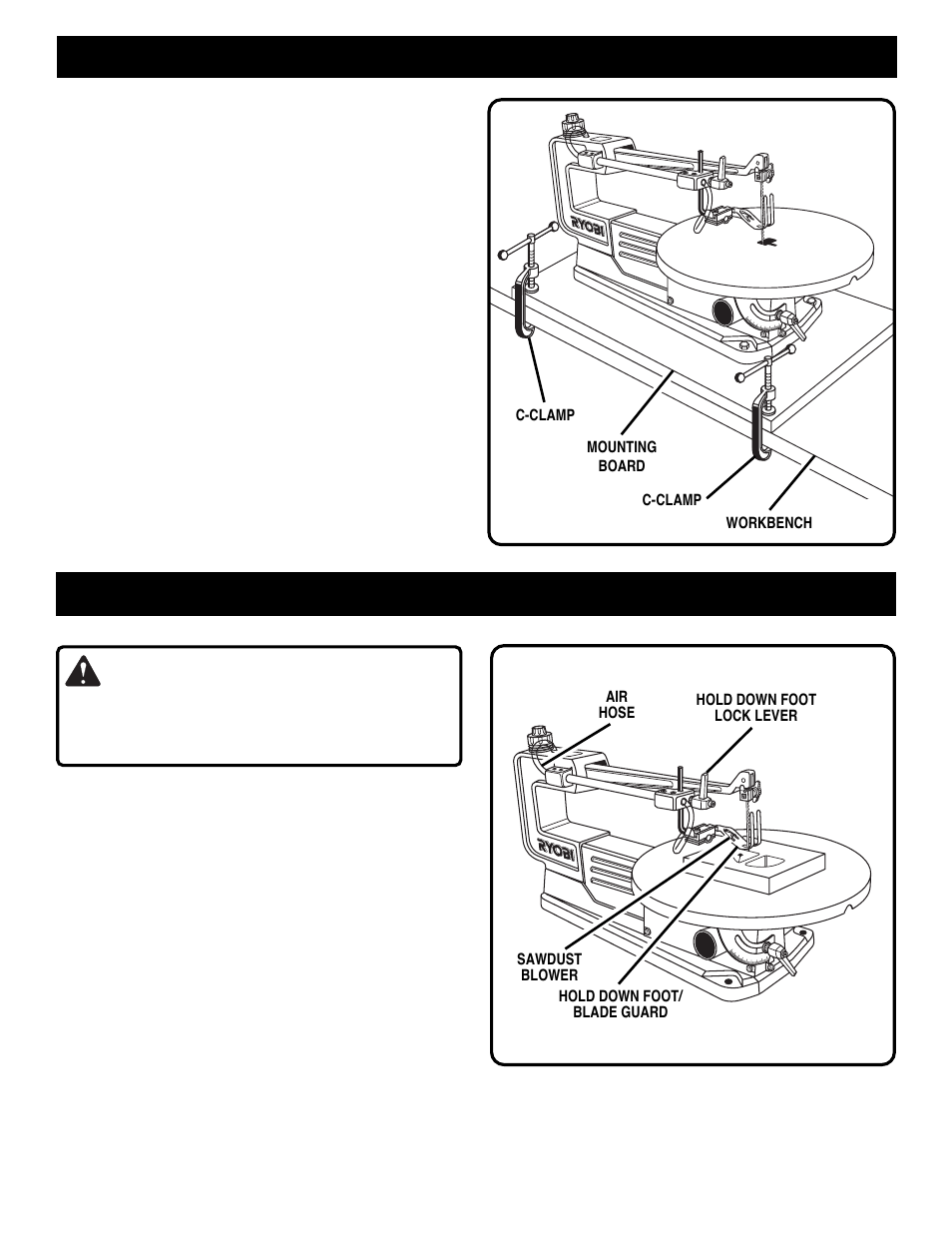 Warning, Adjustments, Assembly | Hold down foot/blade guard, Sawdust blower, Clamping scroll saw to workbench | Ryobi SC155VS User Manual | Page 11 / 24