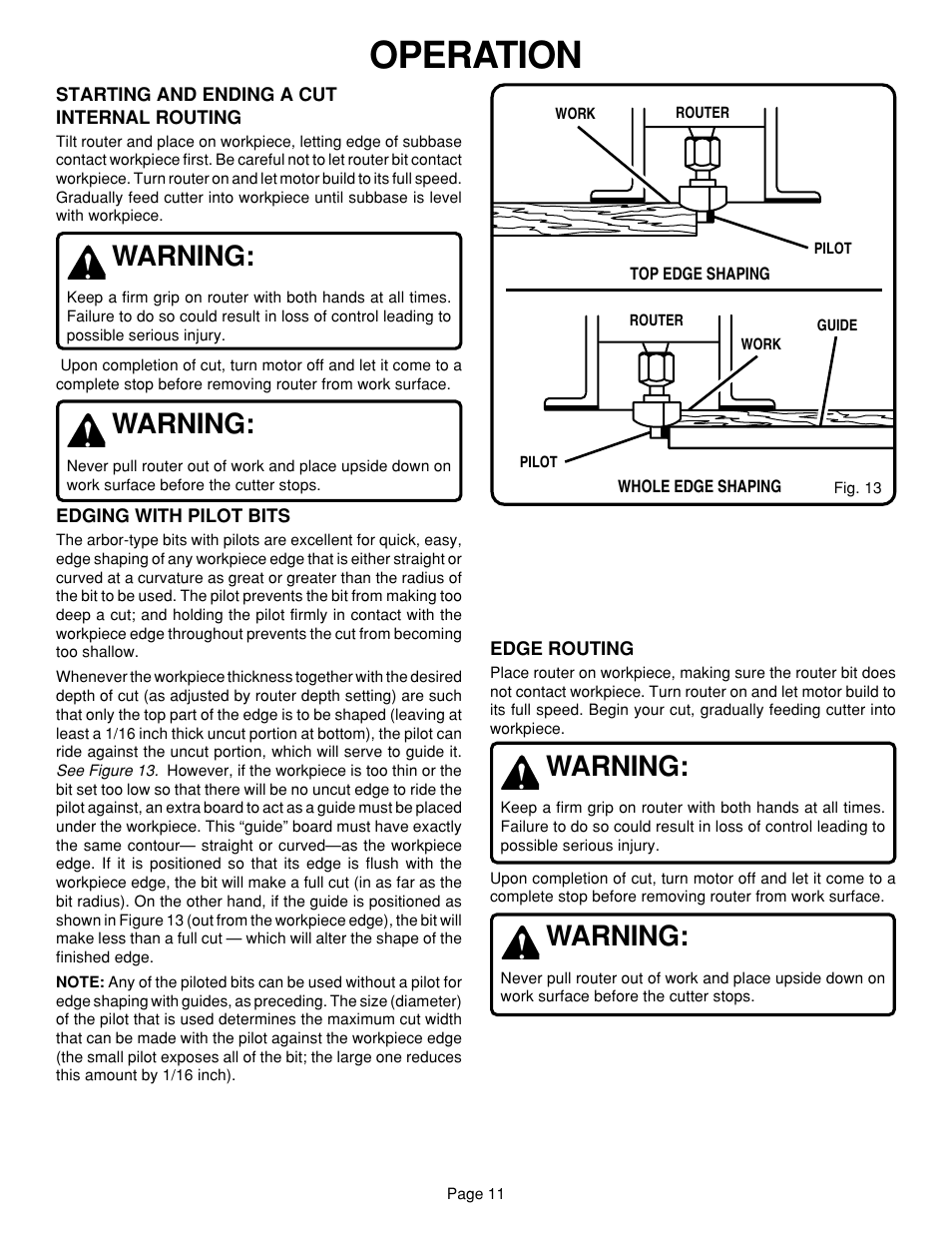 Operation, Warning | Ryobi R160 User Manual | Page 11 / 17