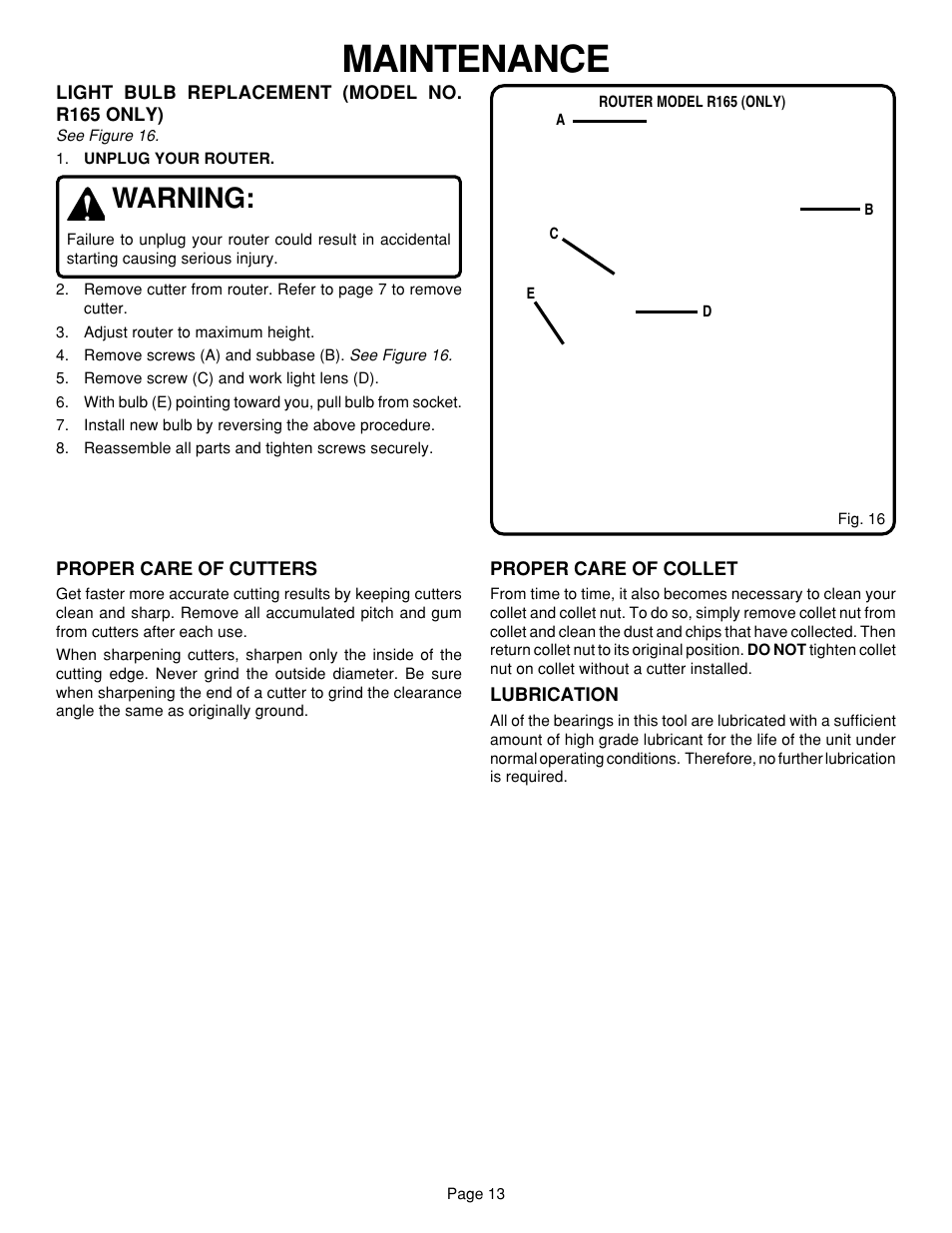 Maintenance, Warning | Ryobi R160 User Manual | Page 13 / 17