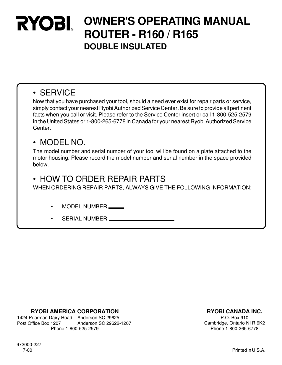 Double insulated, Service, Model no | How to order repair parts | Ryobi R160 User Manual | Page 16 / 17