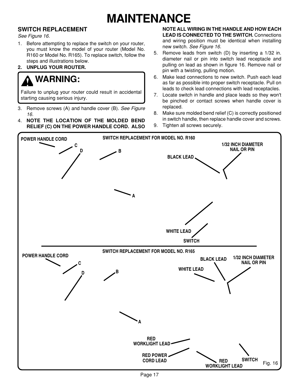 Maintenance, Warning | Ryobi R160 User Manual | Page 17 / 17