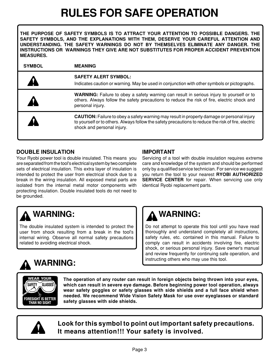 Rules for safe operation, Warning | Ryobi R160 User Manual | Page 3 / 17
