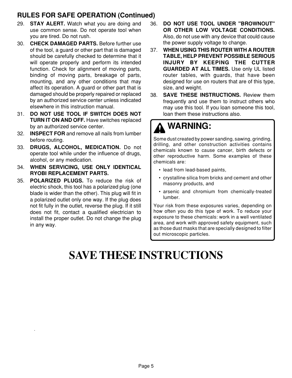 Save these instructions, Warning | Ryobi R160 User Manual | Page 5 / 17