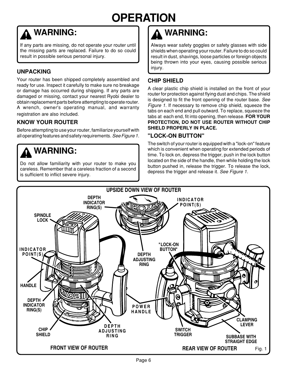 Operation, Warning, Front view of router rear view of router | Unpacking, Know your router, Chip shield, Lock-on button, Upside down view of router | Ryobi R160 User Manual | Page 6 / 17