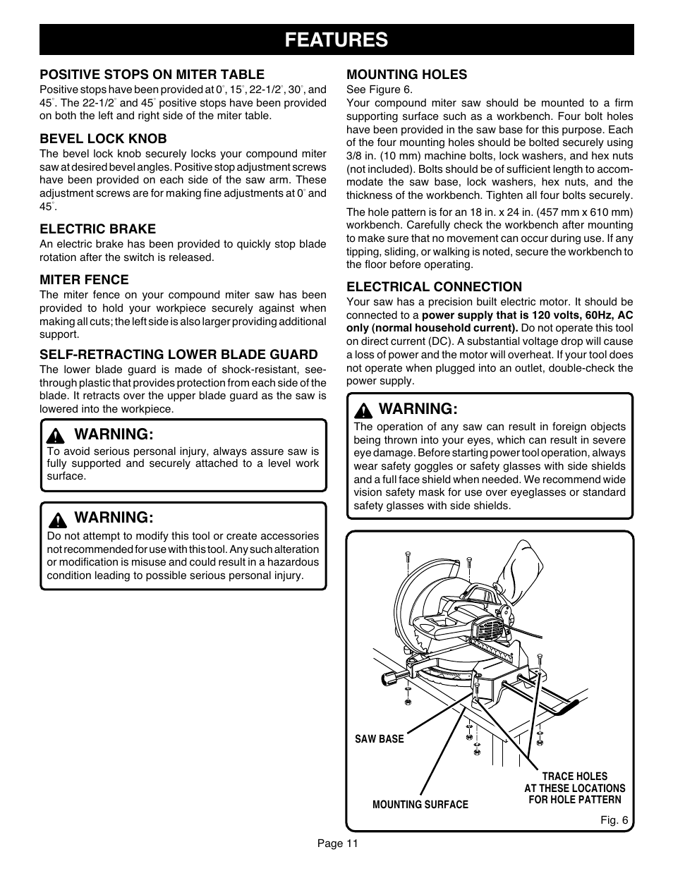 Features, Warning | Ryobi TS1551 User Manual | Page 11 / 30