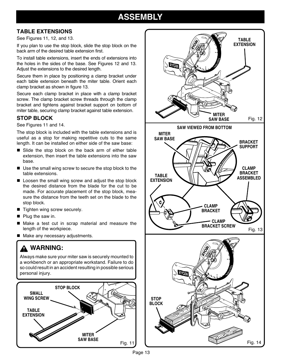 Assembly, Warning, Table extensions | Stop block | Ryobi TS1551 User Manual | Page 13 / 30