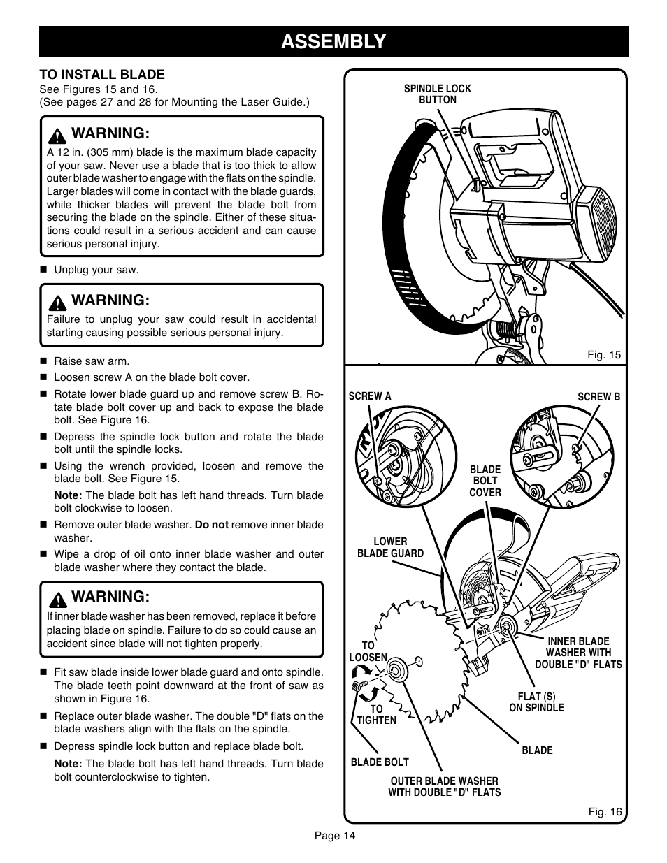 Assembly, Warning | Ryobi TS1551 User Manual | Page 14 / 30