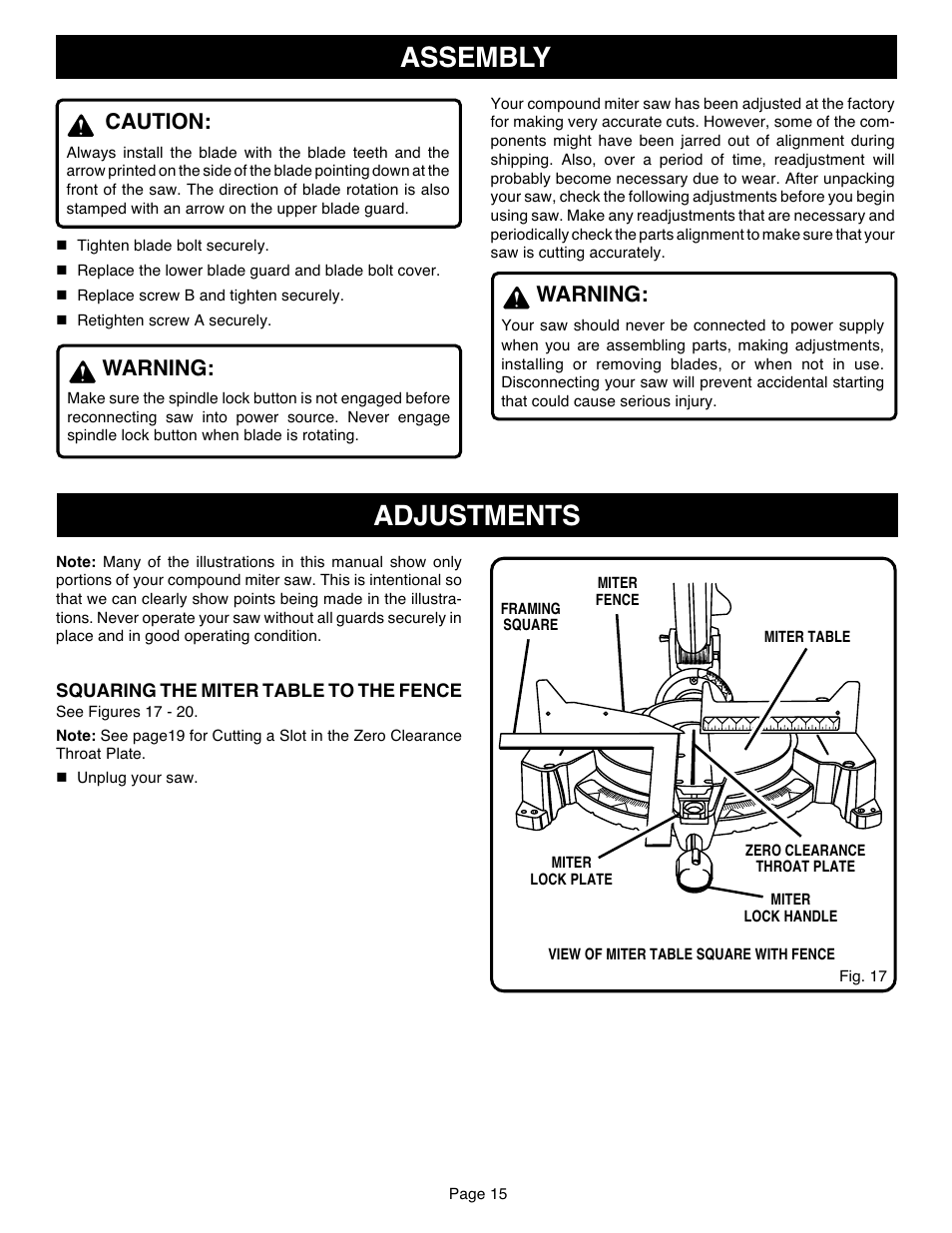 Assembly, Adjustments, Caution | Warning | Ryobi TS1551 User Manual | Page 15 / 30