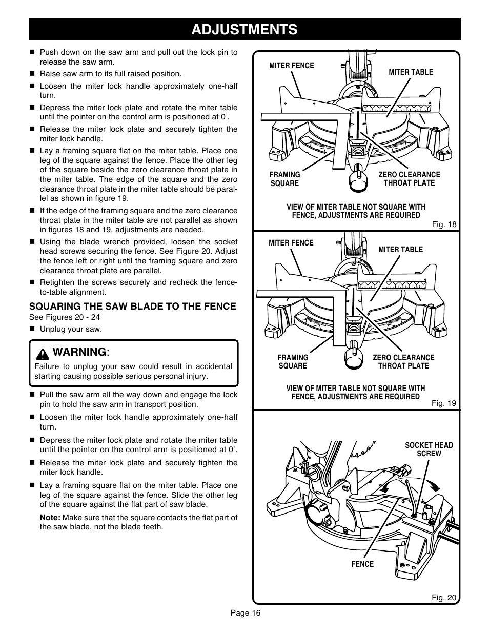 Adjustments, Warning | Ryobi TS1551 User Manual | Page 16 / 30