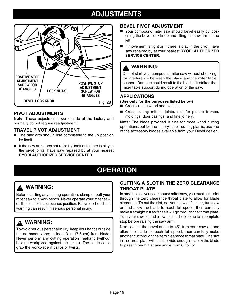 Adjustments, Operation, Warning | Ryobi TS1551 User Manual | Page 19 / 30