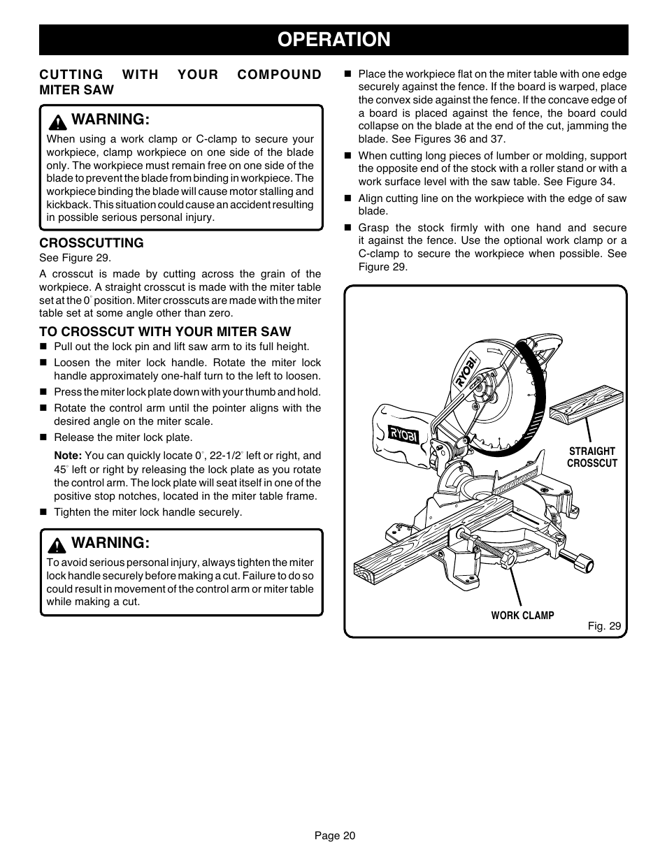 Operation, Warning, Cutting with your compound miter saw | Crosscutting, Page 20, Left or right, and 45 | Ryobi TS1551 User Manual | Page 20 / 30