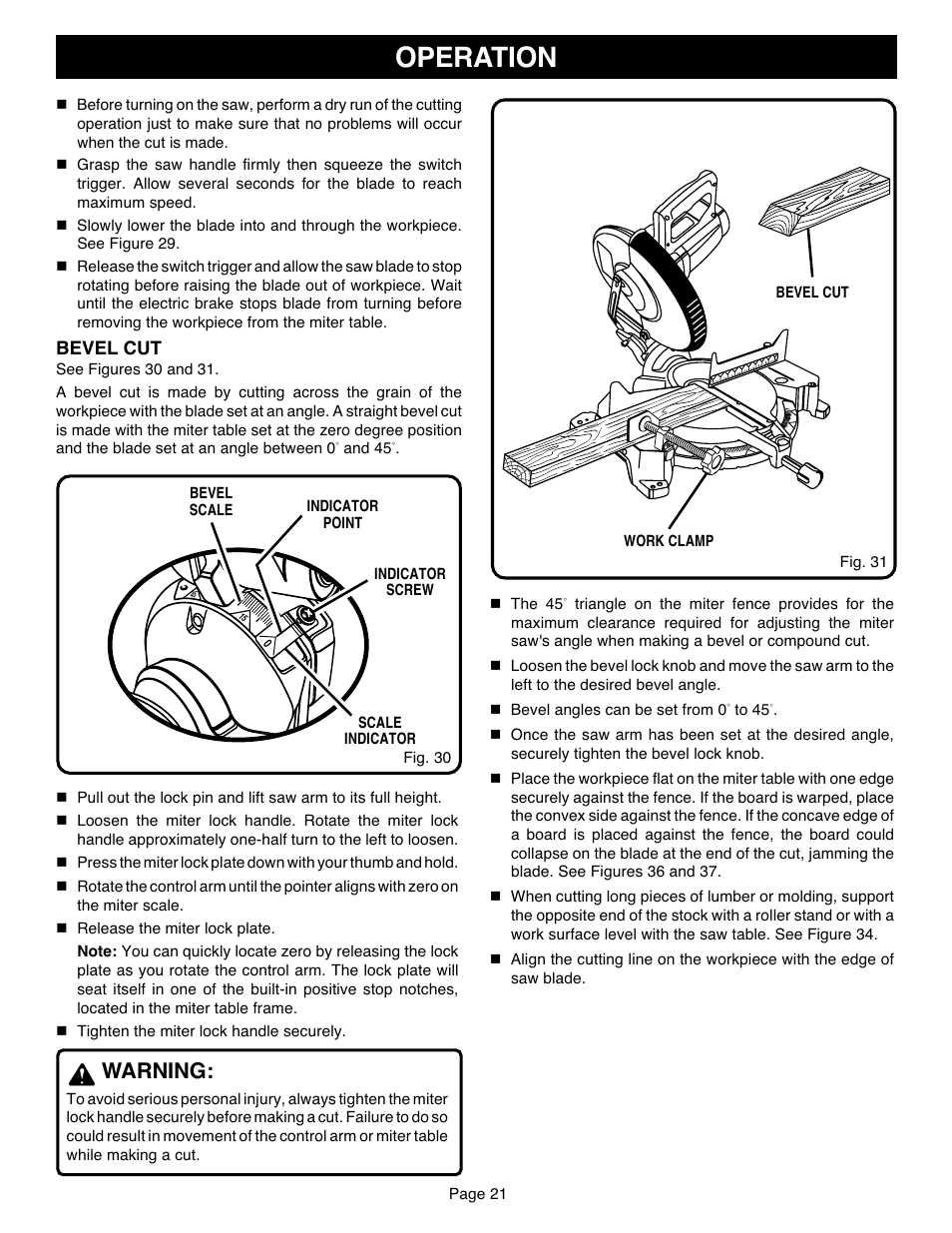 Operation, Warning, Bevel cut | Ryobi TS1551 User Manual | Page 21 / 30