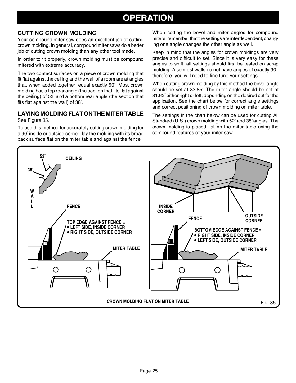 Operation, Cutting crown molding, Laying molding flat on the miter table | Ryobi TS1551 User Manual | Page 25 / 30