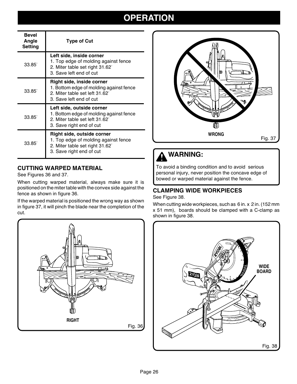 Operation, Warning, Cutting warped material | Clamping wide workpieces | Ryobi TS1551 User Manual | Page 26 / 30