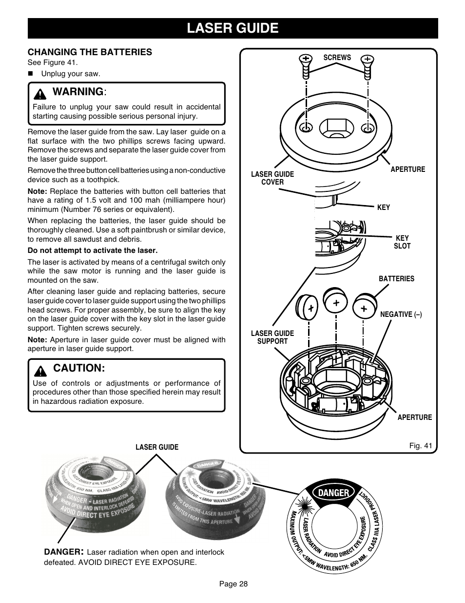 Laser guide, Warning, Caution | Ryobi TS1551 User Manual | Page 28 / 30