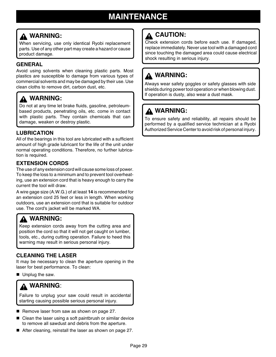 Maintenance, Warning, Caution | Ryobi TS1551 User Manual | Page 29 / 30