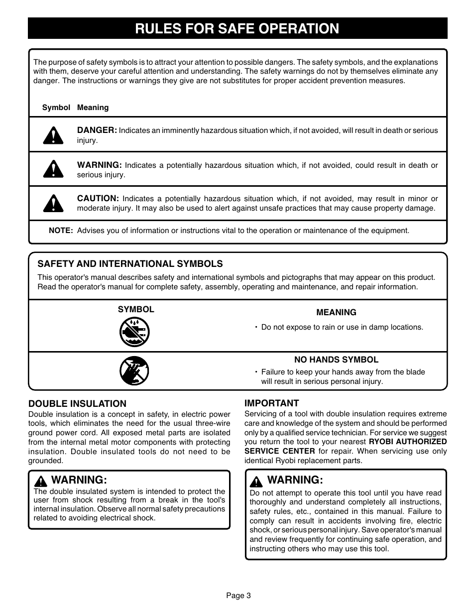 Rules for safe operation, Warning | Ryobi TS1551 User Manual | Page 3 / 30