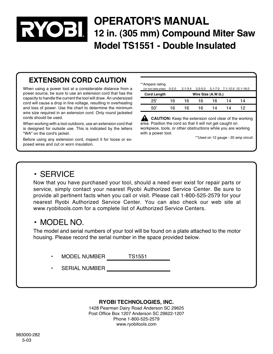 Operator's manual, Service, Model no | Extension cord caution | Ryobi TS1551 User Manual | Page 30 / 30