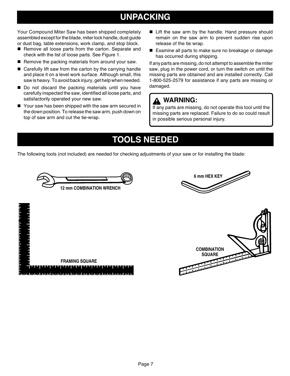 Unpacking, Tools needed, Warning | Ryobi TS1551 User Manual | Page 7 / 30