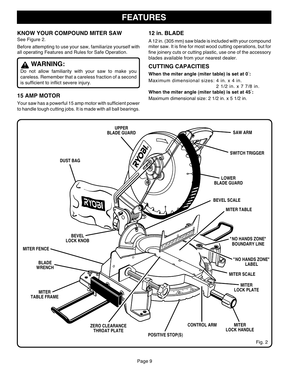 Features, Warning, Know your compound miter saw | 15 amp motor, 12 in. blade, Cutting capacities, Page 9, When the miter angle (miter table) is set at 0 | Ryobi TS1551 User Manual | Page 9 / 30