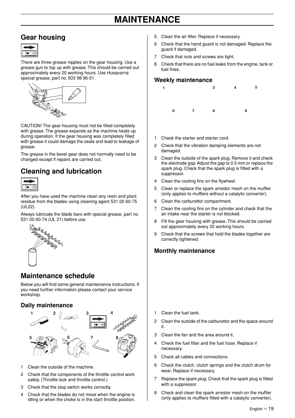 Maintenance, Gear housing, Cleaning and lubrication | Maintenance schedule, Daily maintenance, Weekly maintenance, Monthly maintenance | Ryobi 325HE3X-series User Manual | Page 19 / 23