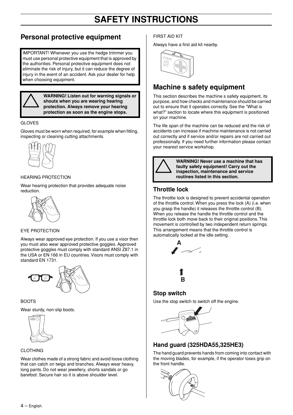 Safety instructions, Personal protective equipment, Machine ′ s safety equipment | Ryobi 325HE3X-series User Manual | Page 4 / 23