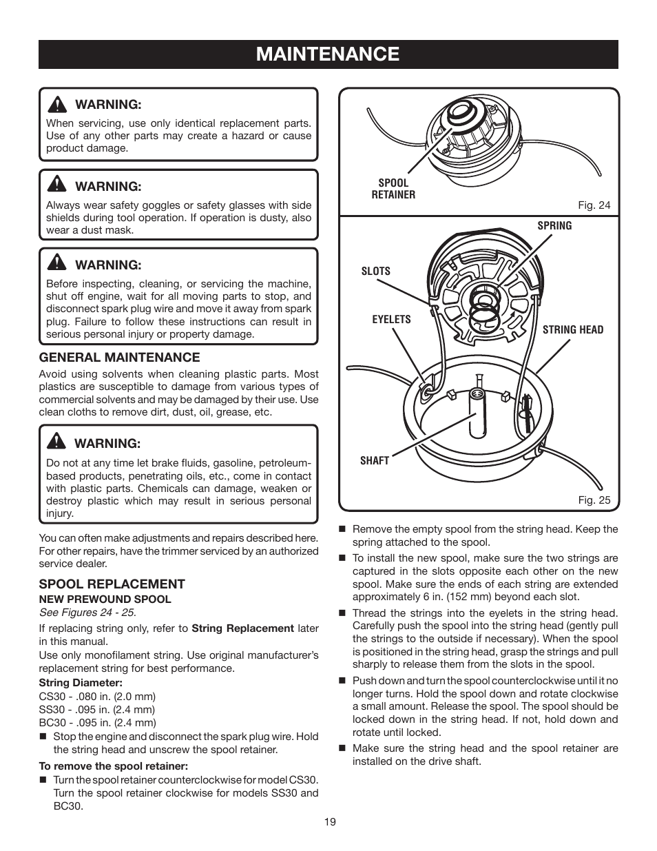 Maintenance | Ryobi CS30 RY30120 User Manual | Page 19 / 26