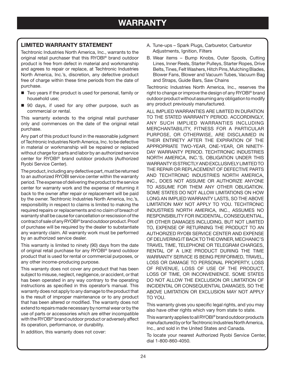 Warranty, Limited warranty statement | Ryobi CS30 RY30120 User Manual | Page 24 / 26