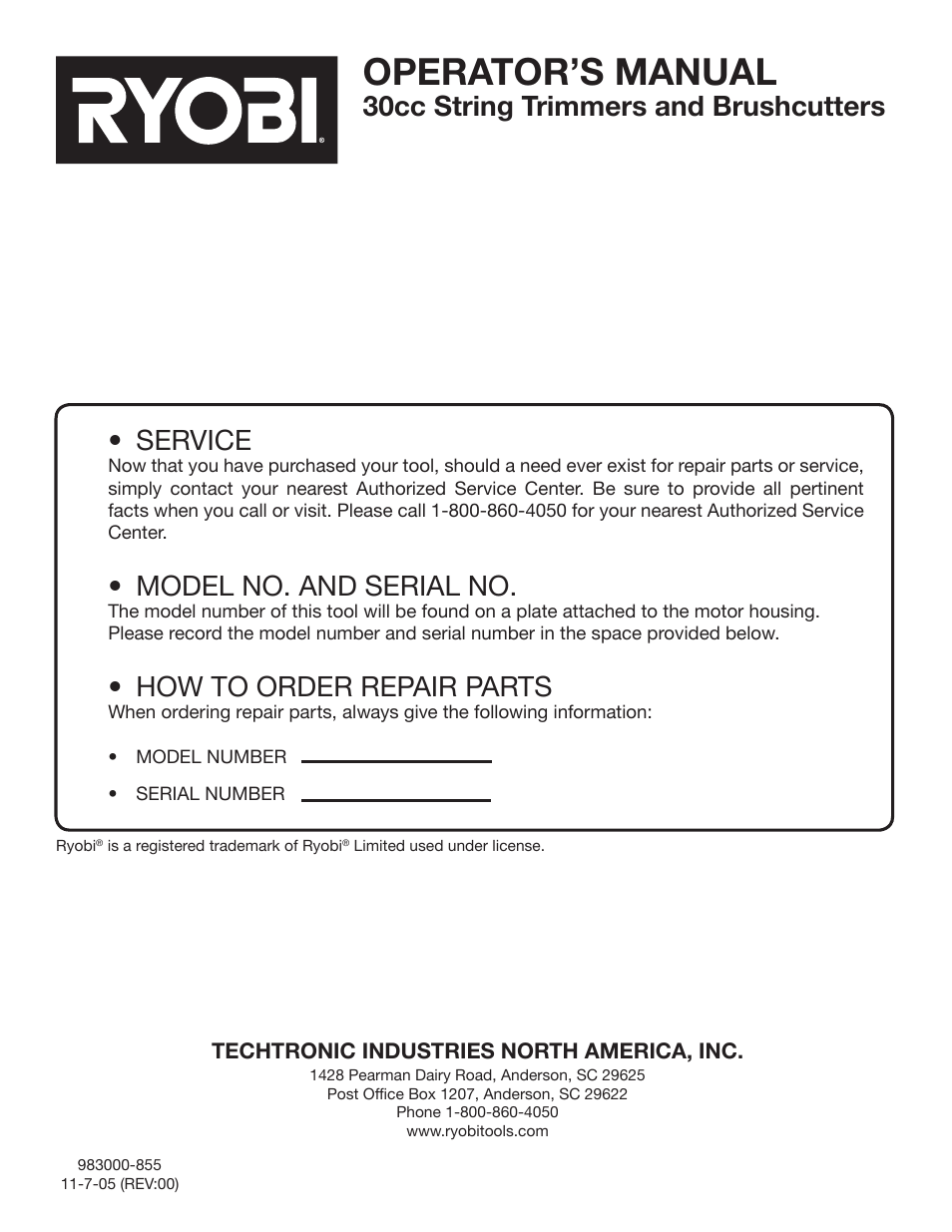 Operator’s manual, Service, Model no. and serial no | How to order repair parts, 30cc string trimmers and brushcutters | Ryobi CS30 RY30120 User Manual | Page 26 / 26