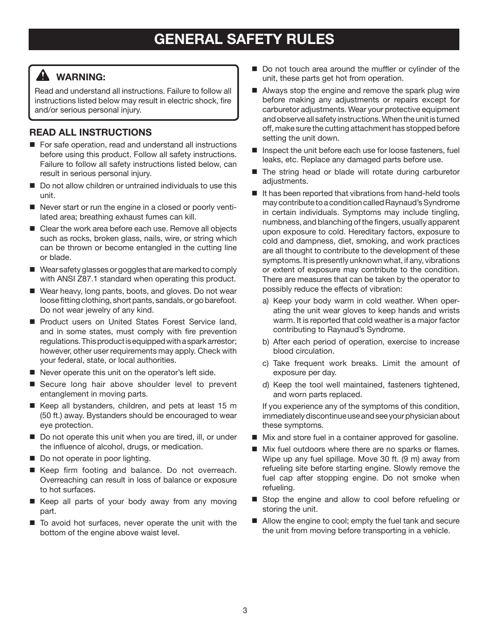 General safety rules | Ryobi CS30 RY30120 User Manual | Page 3 / 26