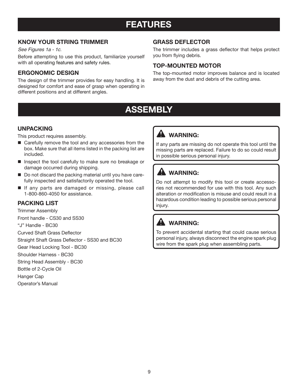 Assembly features | Ryobi CS30 RY30120 User Manual | Page 9 / 26
