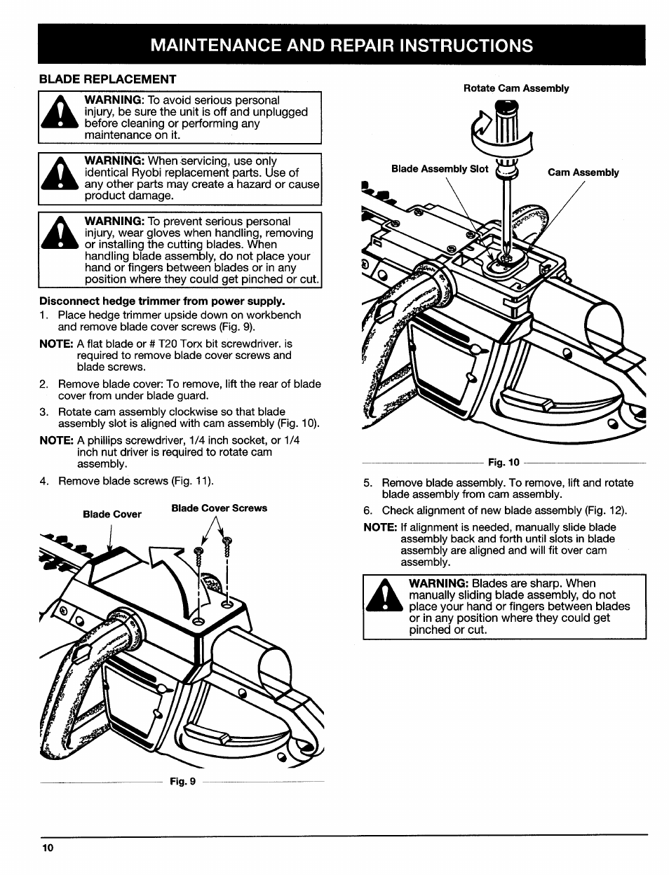 Blade replacement, E. blade replacement | Ryobi HT920Dr User Manual | Page 10 / 14