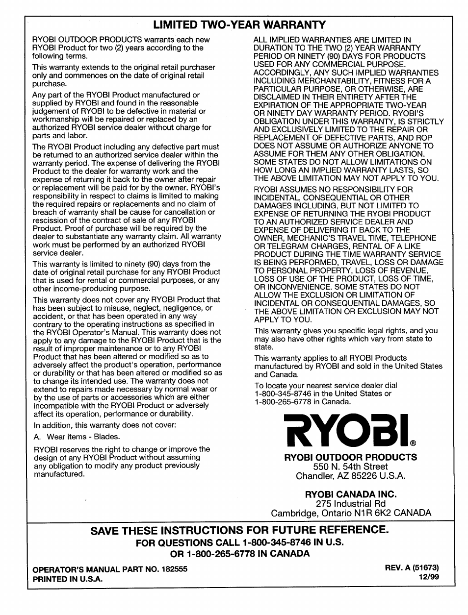 Limited two-year warranty, Ryobi, Ryobi outdoor products | Ryobi canada inc, Save these instructions for future reference, For questions call 1-800-345-8746 in u.s, Or 1-800-265-6778 in canada | Ryobi HT920Dr User Manual | Page 14 / 14