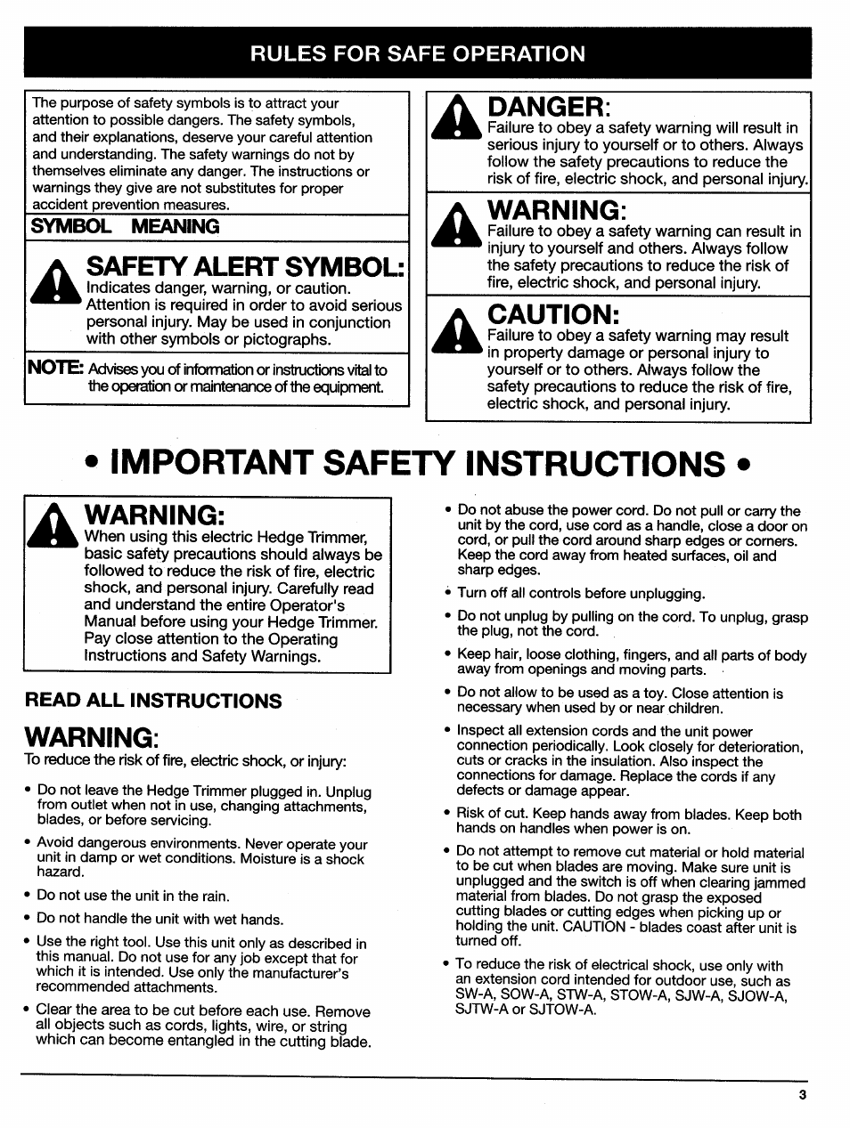 Symbol meaning, Safety alert symbol, Danger | Warning, Caution, Read all instructions, Important safety instructions | Ryobi HT920Dr User Manual | Page 3 / 14