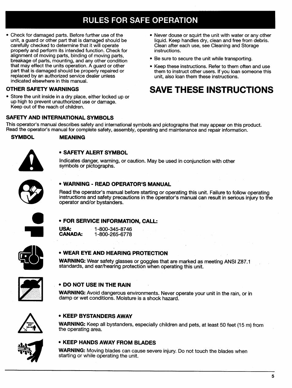 Other safety warnings, Save these instructions, Safety and international symbols | Symbol meaning, Safety alert symbol, Warning - read operator's manual, For service information, call, Canada, Wear eye and hearing protection, Do not use in the rain | Ryobi HT920Dr User Manual | Page 5 / 14