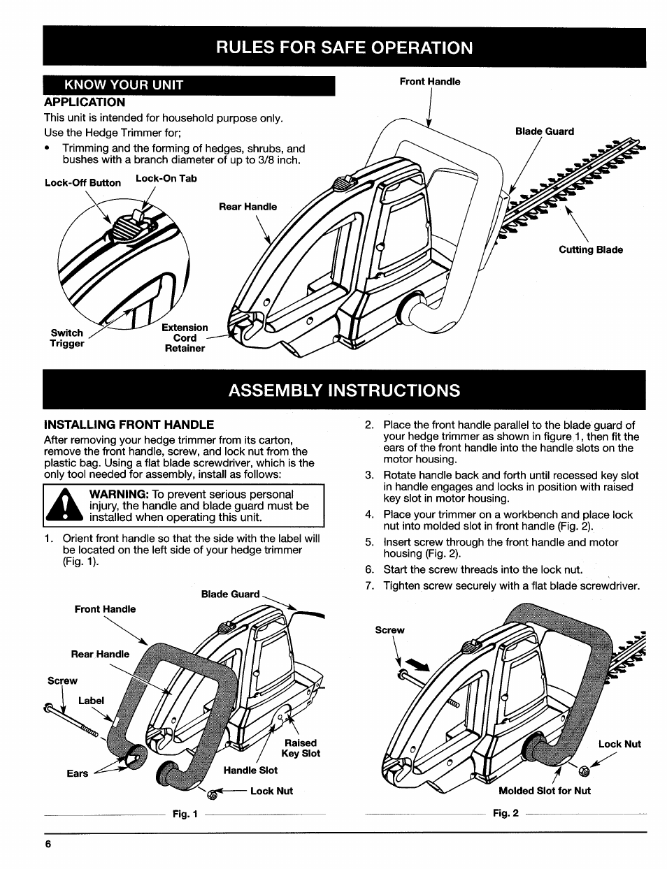 Know your unit, Application, Installing front handle | C. know your unit, A. installing front handle, Assembly instructions, Rules for safe operation | Ryobi HT920Dr User Manual | Page 6 / 14