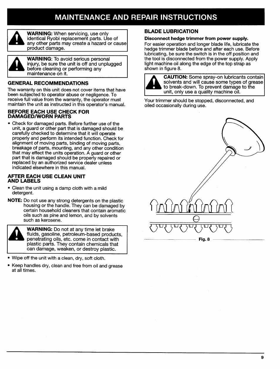 General recommendations, Before each use check for damaged/worn parts, After each use clean unit and labels | Blade lubrication, A. general recommendations | Ryobi HT920Dr User Manual | Page 9 / 14