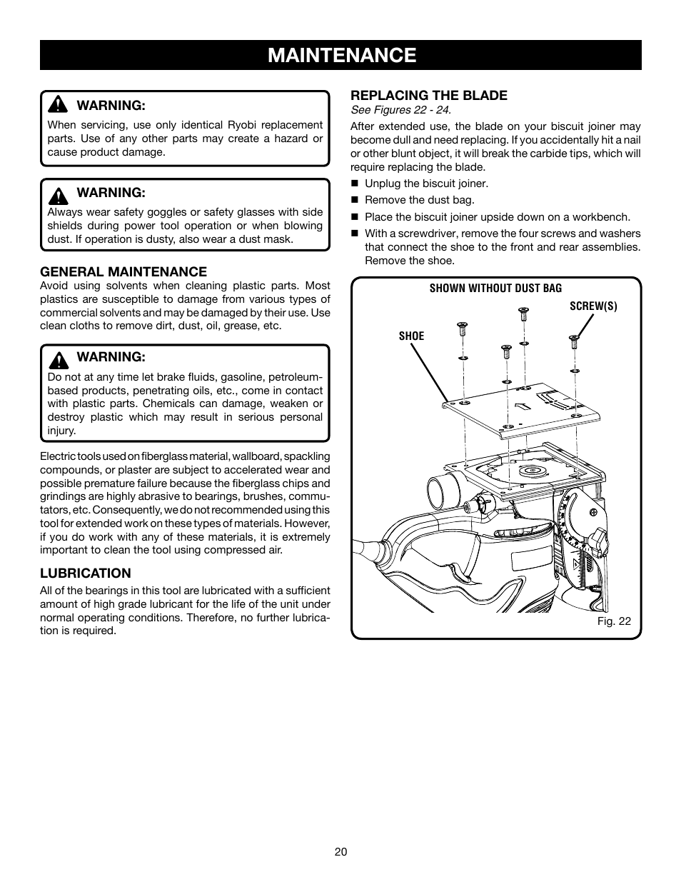 Maintenance | Ryobi JM82 User Manual | Page 20 / 26