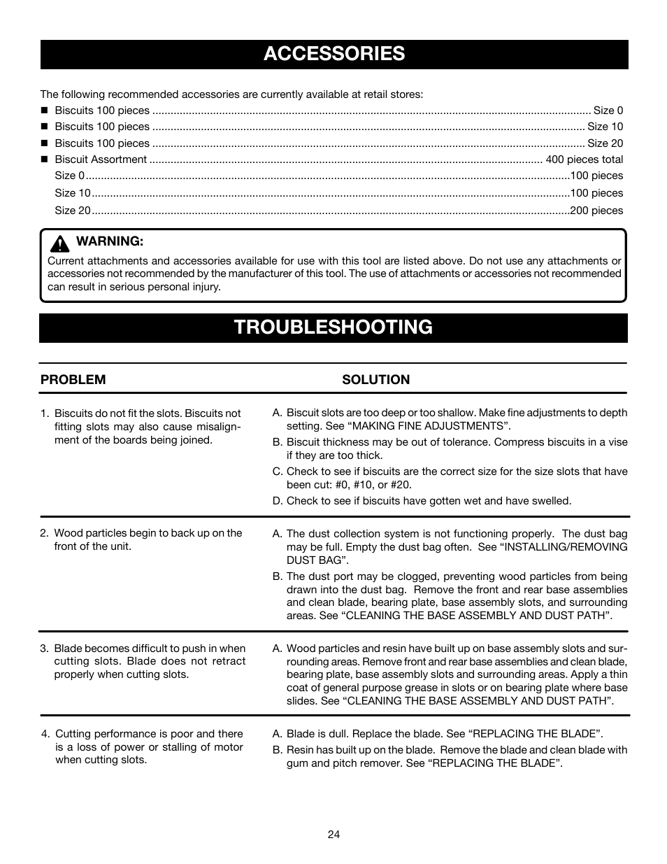Troubleshooting, Accessories | Ryobi JM82 User Manual | Page 24 / 26