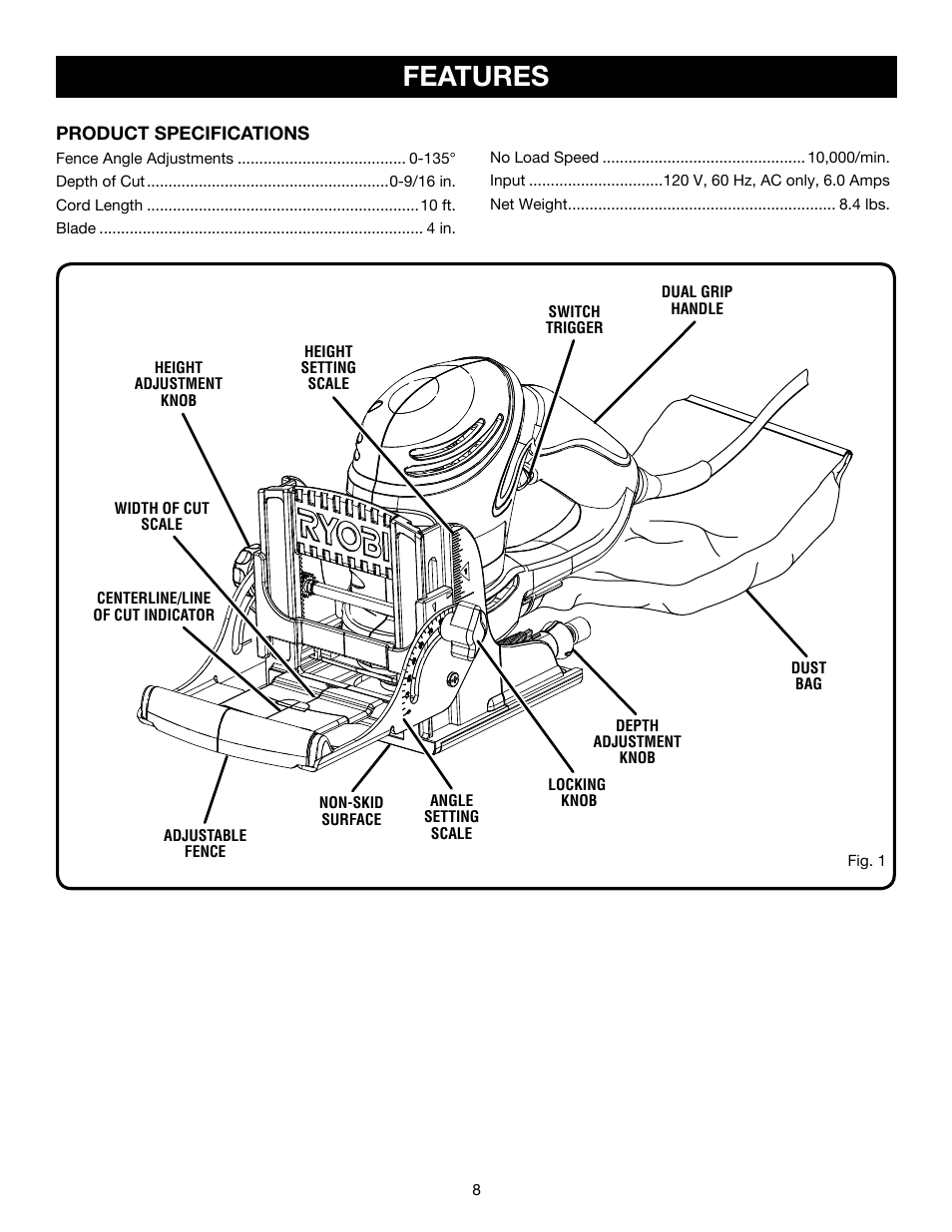 Features | Ryobi JM82 User Manual | Page 8 / 26