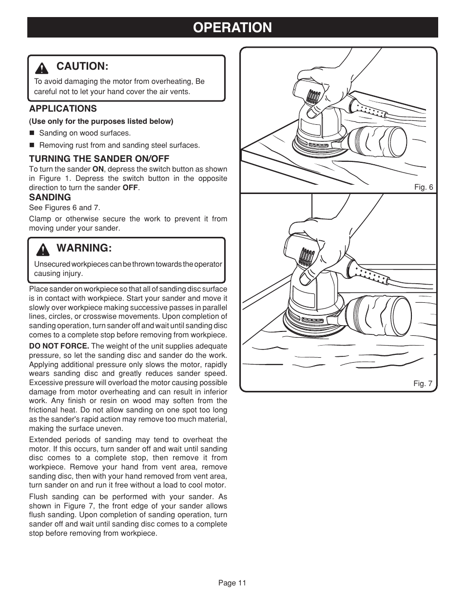 Operation, Caution, Warning | Ryobi RS2418 User Manual | Page 11 / 14